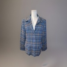Women  s Size 12 Sag Harbor Black Blue Plaid Tweed Blazer Jacket Classy Cozy