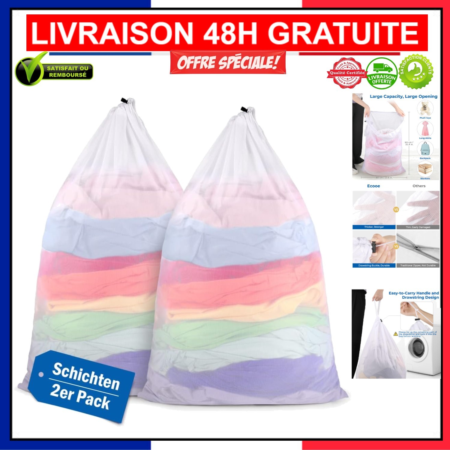 Filet à linge XXL grand sac de lavage polyester 90x60cm pour machine à laver
