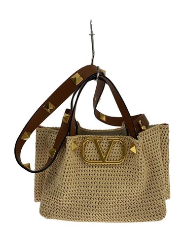 VALENTINO GARAVANI Handbag Rockstuds Straw Beige Used