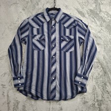 Vtg Wrangler Western Snap Shirt Mens M Blue Black Striped Long Sleeve Pearl Snap