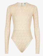 FENDI FF Monogram Logo Ivory Beige Sheer Long Sleeve Bodysuit Size M 790 Retail