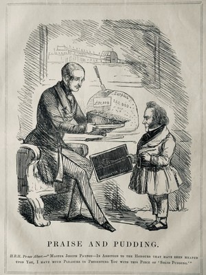 c1851 HRH PRINCE ALBERT, JOSEPH PAXTON PRAISE THE PUDDING Original Antique Print