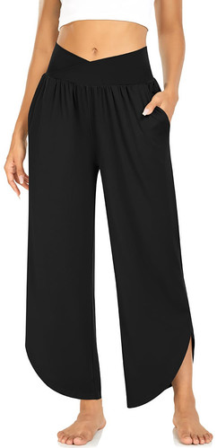 Womens Wide Leg Yoga Pants Cross High Waisted Capris Plus Size Casual Flowy L...
