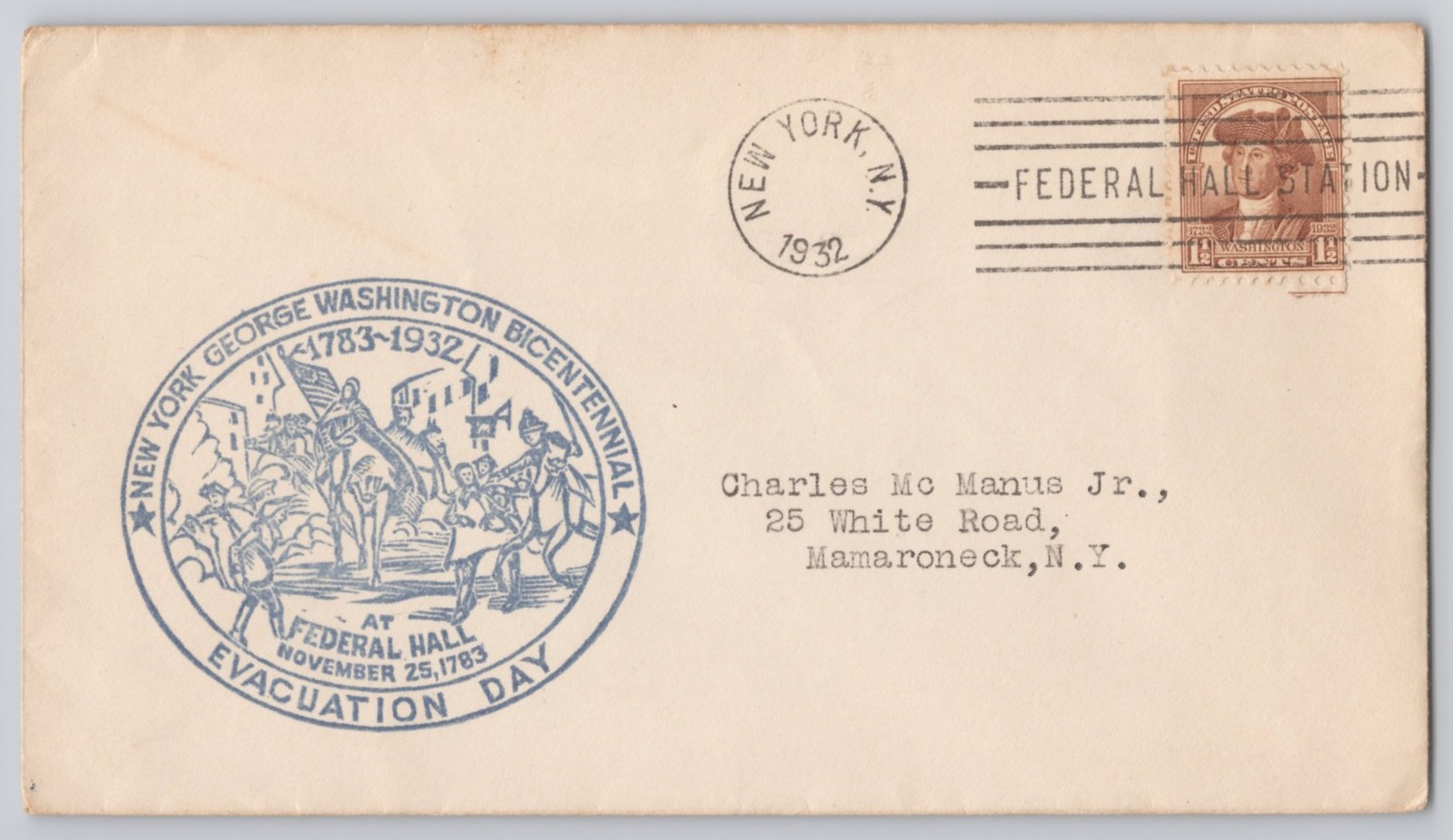 New York, NY Federal Hall cachet, Washington Bicentennial, US 1932 ACE
