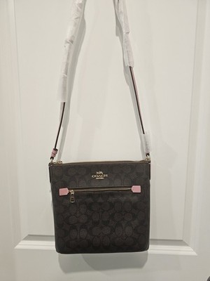 NWT Coach Rowan File Bag In Signature Canvas Brown/True Pink