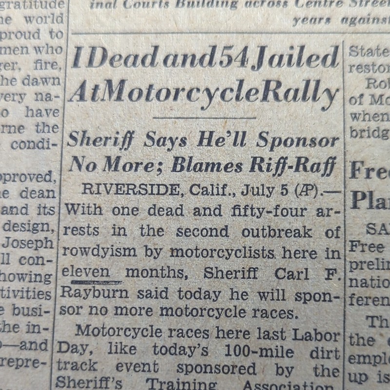 JULY 6, 1948 NEWSPAPER PAGE #2478- RIVERSIDE CALIFORNIA MOTORCYCLE RALLY- OUTLAW