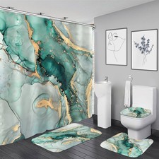 4 Pcs Green Marble Shower Curtain Set Teal Modern Abstract Bathroom Sets with...