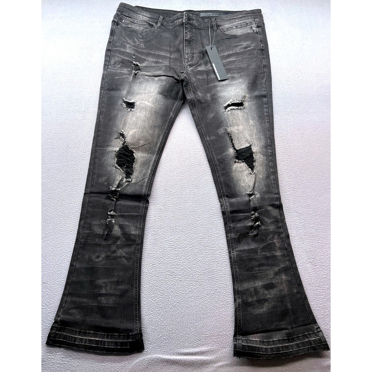 Rockstar Original Jeans Mens 42x34 Black Distressed Flare Denim | eBay