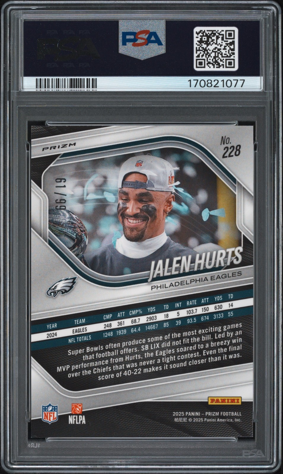 2025 PANINI PRIZM BLUE ICE #228 JALEN HURTS 61/99 PSA 10 view 2