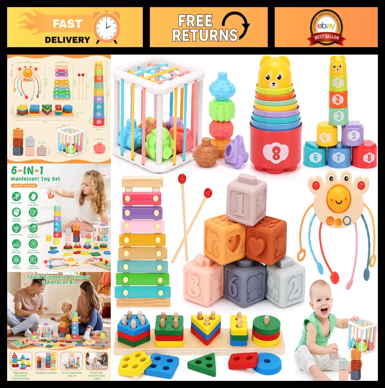 6-in-1 Montessori Baby Toys for Infants 6-18 Months - Teething, Stacking, Sensor