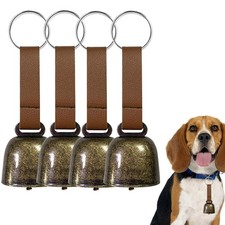 4 PCS Loud Bear Bells with Leather Button Strap Dog Collar Bell 3.4in, brown