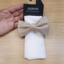 ALFANI Mens Bow Tie Champagne Tan Jacquard Bowtie  White Satin Pocket Square