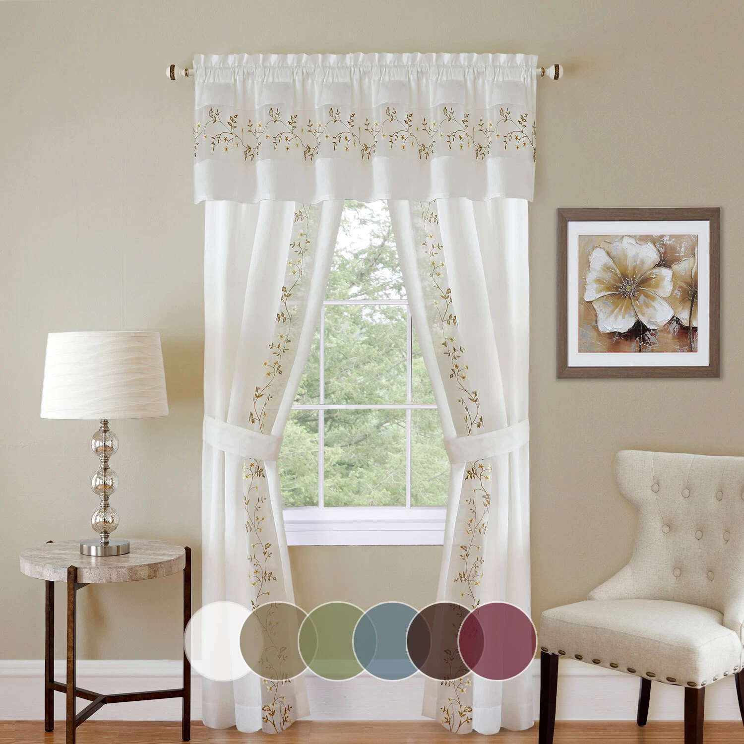 5PC Light Filtering Semi-Sheer Window Curtain Set - Panels Valance and Tiebacks