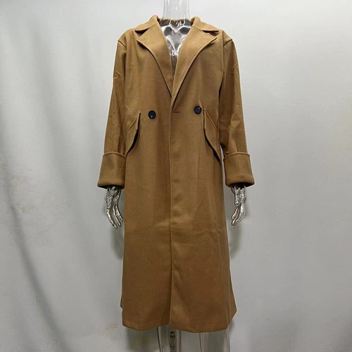 Women Lapel Wool Trench Long Coat Jacket Winter Solid Overcoat Outwear Plus Size - Picture 9 of 28