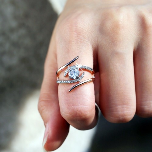 Pretty Women Rose Gold Filled Wedding Rings Round Cut Cubic Zirconia Size 6-10 - Picture 8 of 10