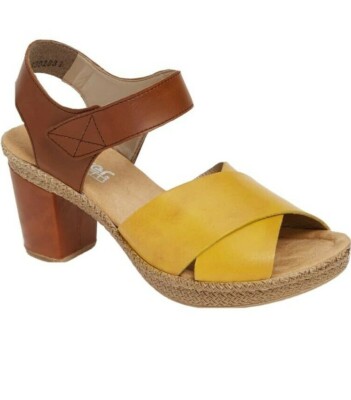 NEW Rieker 665H1-68 Sandals Open Toe Comfort Block Heels Leather Yellow/Brown 8M