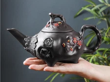 Delicate Chinese Yixing purple clay Black Long Mouth Plum Blossom Teapot s106