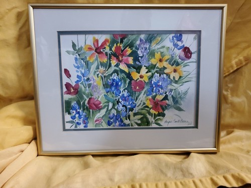 Listed TX ART ANGIE BANTA BROWN ORG SIGNED WATERCOLOR Bluebonnets Bold & Beautif