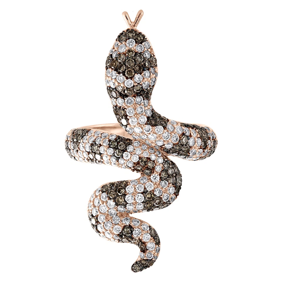 14K Rose Gold White & Brown Round Diamond Snake Right Hand Ring Band 1.87 CT. - Image 2 of 4