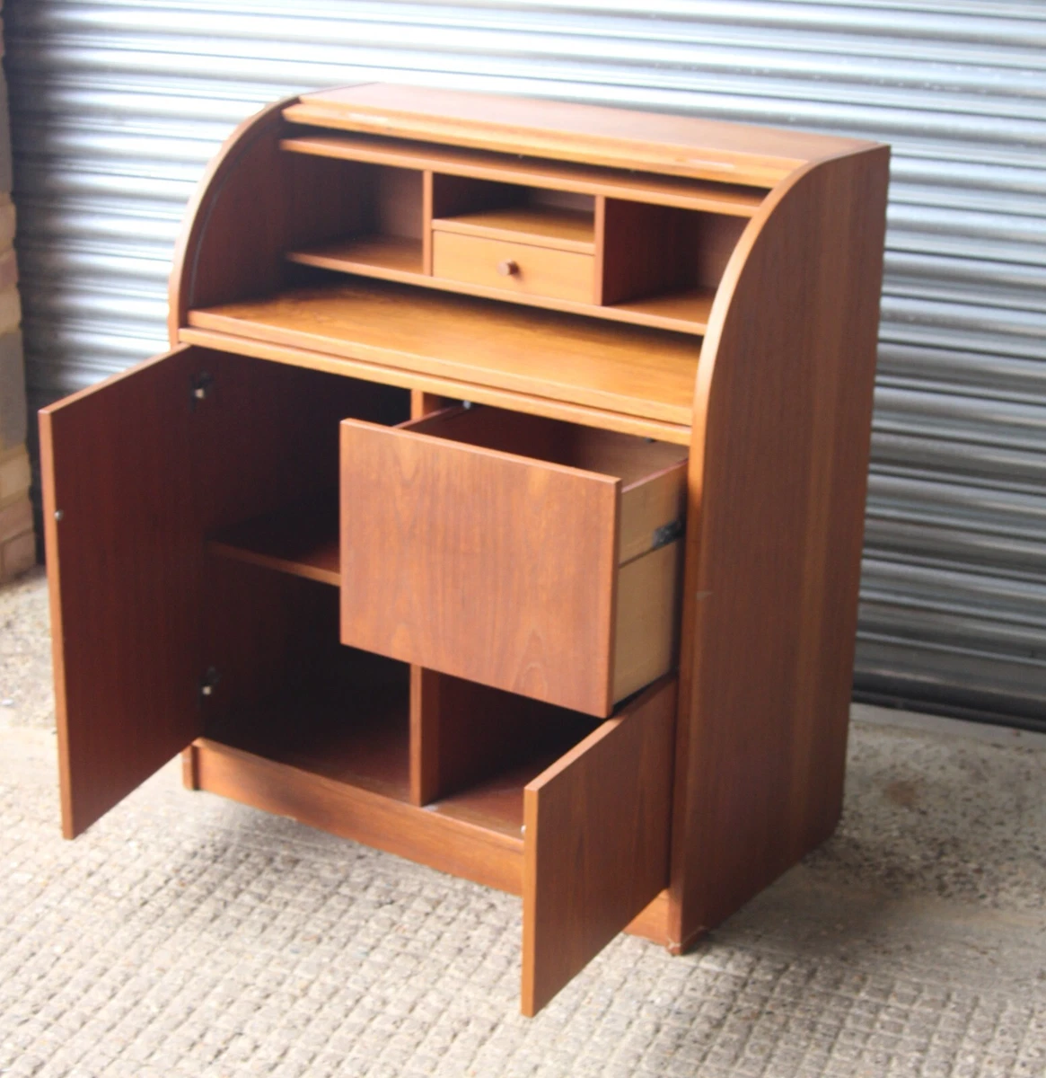 Danish Mid Century Modern Compact Roll Top Pull Out Bureau Desk Storage Cabinet