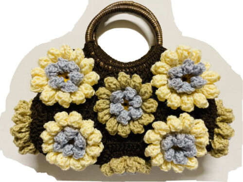 CROCHET HANDMADE 3D- FLOWERS BROWN wood handles PURSE PARTY Evening Bag USA