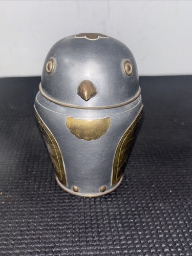 Vintage Pewter Bird Owl Small Tea Canister w/Applied Brass Accents HONG KONG
