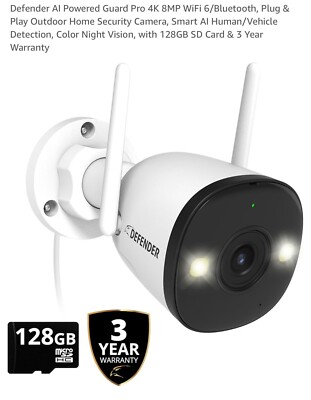 Defender AI Powered Guard Pro 4K 8MP WiFi 6/BT Plug & Play Outdoor Security Cam