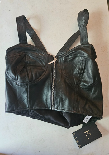 New KIKA Genuine Indian Leather Size M Black ZipperCamisole Top-dz638