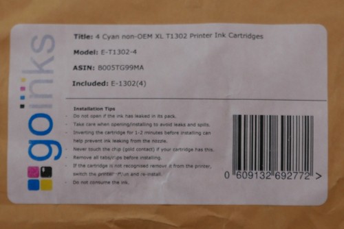 goInks non-OEM Printer Ink Cartridges, XL T1302, Cyan, Pk of 4, NEW - 第 1/3 張圖片