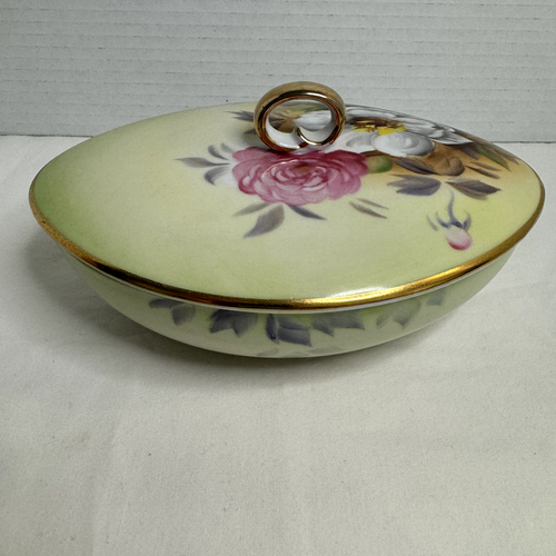 Vintage Hand Painted Powder Trinket Dish with Lid Gold Rimmed Floral Egg Shaped - Picture 3 of 14