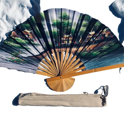 Large Wall Decorative Fan With A Village Scene 40 Inches With Storage Bag. 40x24