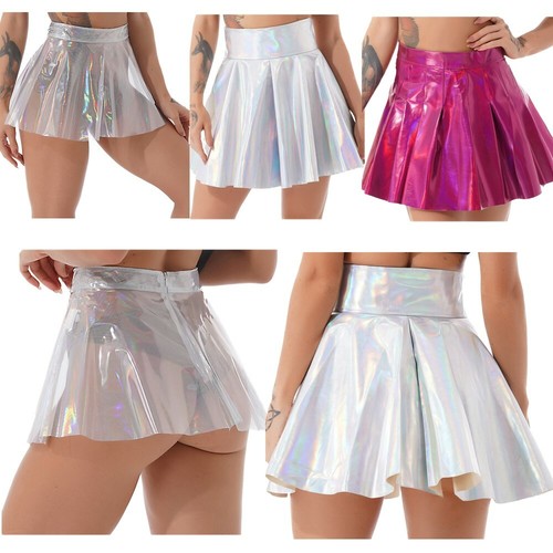 Womens See Through Short Mini Skirt Sexy Glossy Pleated Flared Skirt Clubwear - Picture 3 of 31