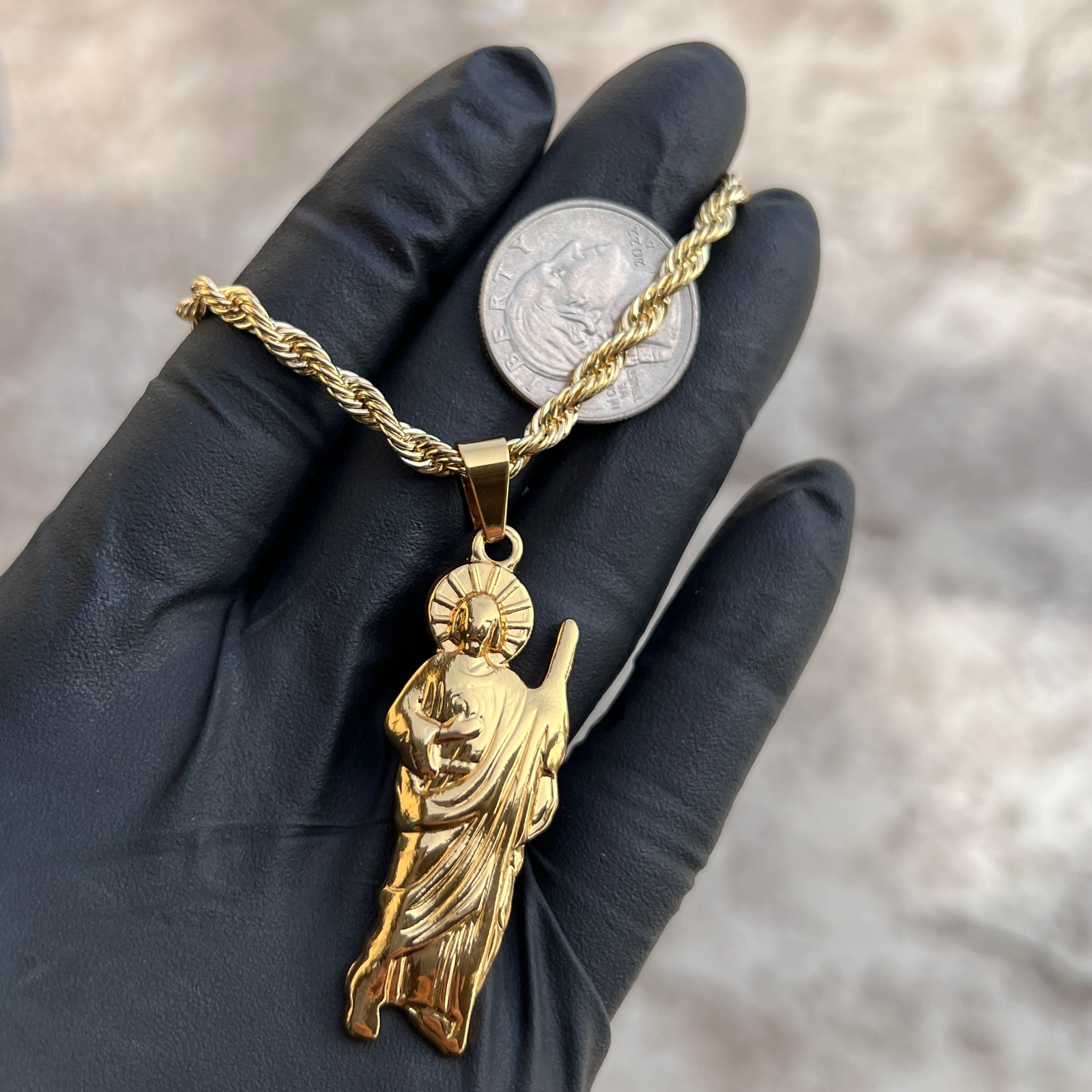 San Judas Stainless Steel Pendant St Jude Gold Plated Rope Chain 24" x