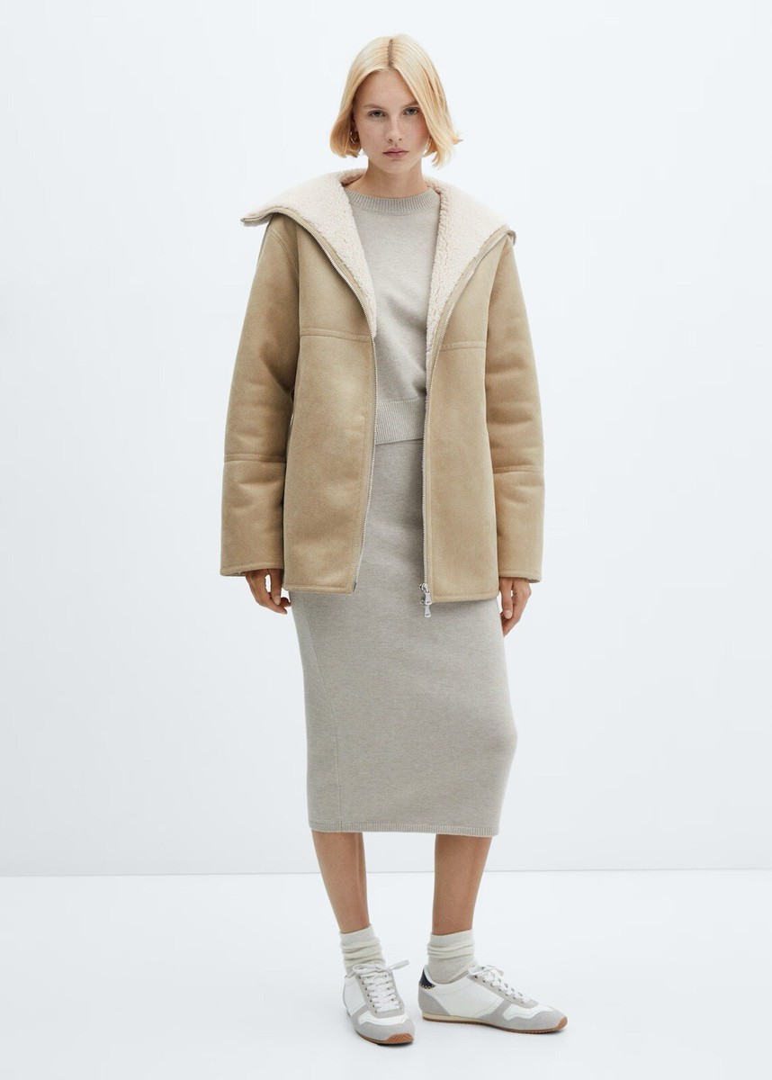 Mango Women's Shearling-lined coat with zipper In Light Beige Size