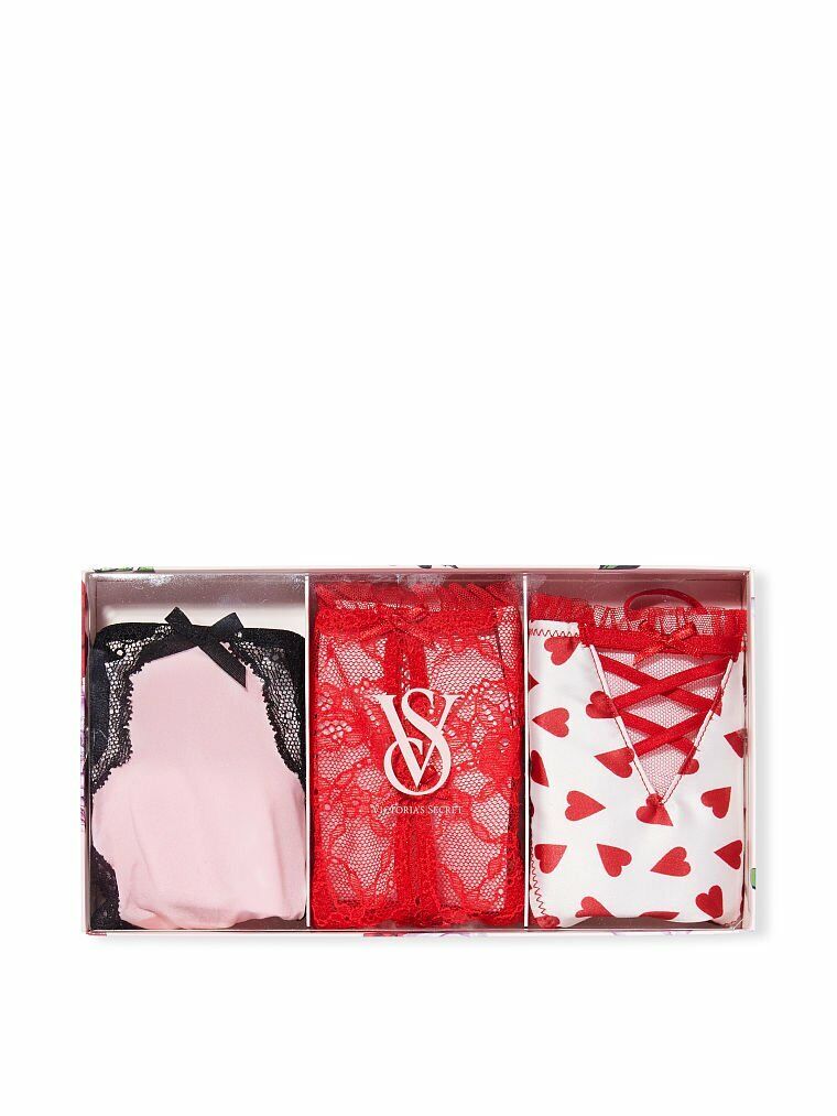 3 PAIRS VICTORIAS SECRET VERY SEXY SHINE STRAP THONG PANTY BOX GIFT SET S  XL NIB