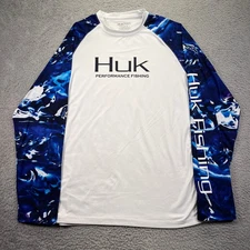 Huk Performance Fishing Shirt Mens Large Long Sleeve White Blue Graphic Wicking