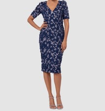 Xscape Women's Blue 3D Floral Embellished Lace V-Neck Short Sleeve Dress Size 6