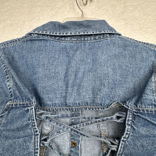 Country Western Blue Denim Crop Top Silver Snaps Lace Up Back/Wrap Med Cowgirl - Picture 16 of 19
