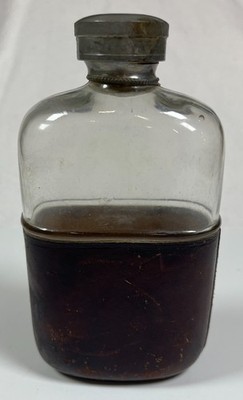 Antique 1800s M.V. Olry's Patented Glass Flask w/ Leather Lower Wrap 5 1/8'' Tall