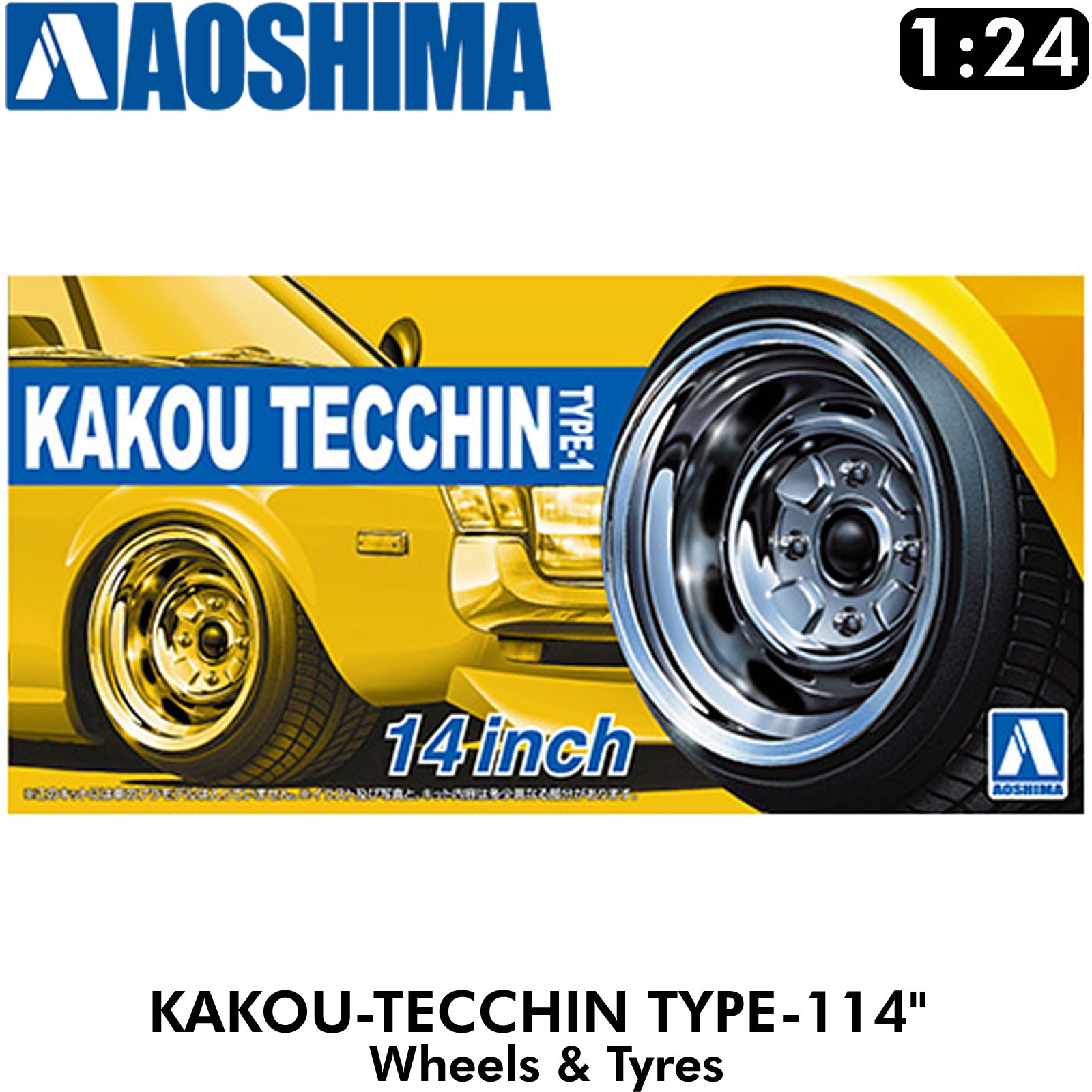 Wheels & Tyres KAKOU-TECCHIN TYPE-1 14inch 1:24 Setof4 Tuned Parts Aoshima 05323