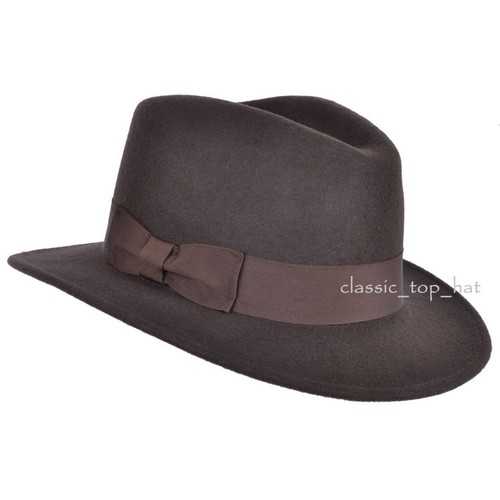Indiana Jones Style 100% Wool Felt Fedora Brown Hat Crushable Water Repellent - Picture 2 of 6