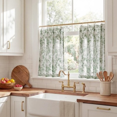 Sage Green Kitchen Curtains 36 Inches, Shabby Chic Peony Floral Pinch Pleated...