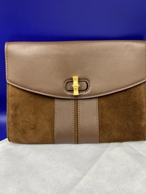 J. McLaughlin Clutch Handbag Brown Suede Leather Gold Toggle Messenger