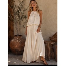 Anthropologie Current Air Cream Pleated Blouson Maxi Dress Ivory Halter Medium