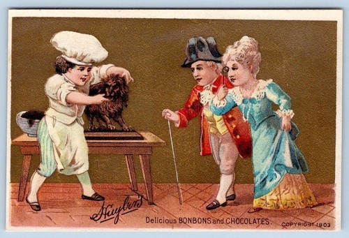 1903 HUYLER'S BOMBONES CHOCOLATES CACAO DULCES PANADERO CHEF PERRO VICTORIANO TARJETA COMERCIAL - Imagen 1 de 2