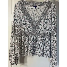 Aeropostale Floral V Neck Long Bell Sleeve Cropped Peplum Top Blouse L