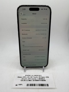 Apple iPhone 16 Black 128GB (T Mobile) functional