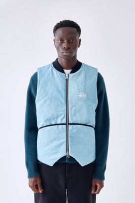 Stussy Washed Canvas Primaloft Vest Light Blue Black Zip Logo