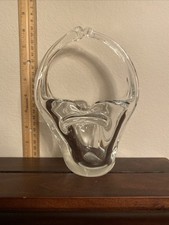Vintage Murano Style Hand Blown Art Glass Basket Clear Split Handle Basket Vase