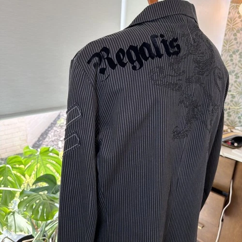 Roar Blazer Mens 2XL Y2K Pinstripe Embroidered Biker Goth Rocker Map Lining image 7